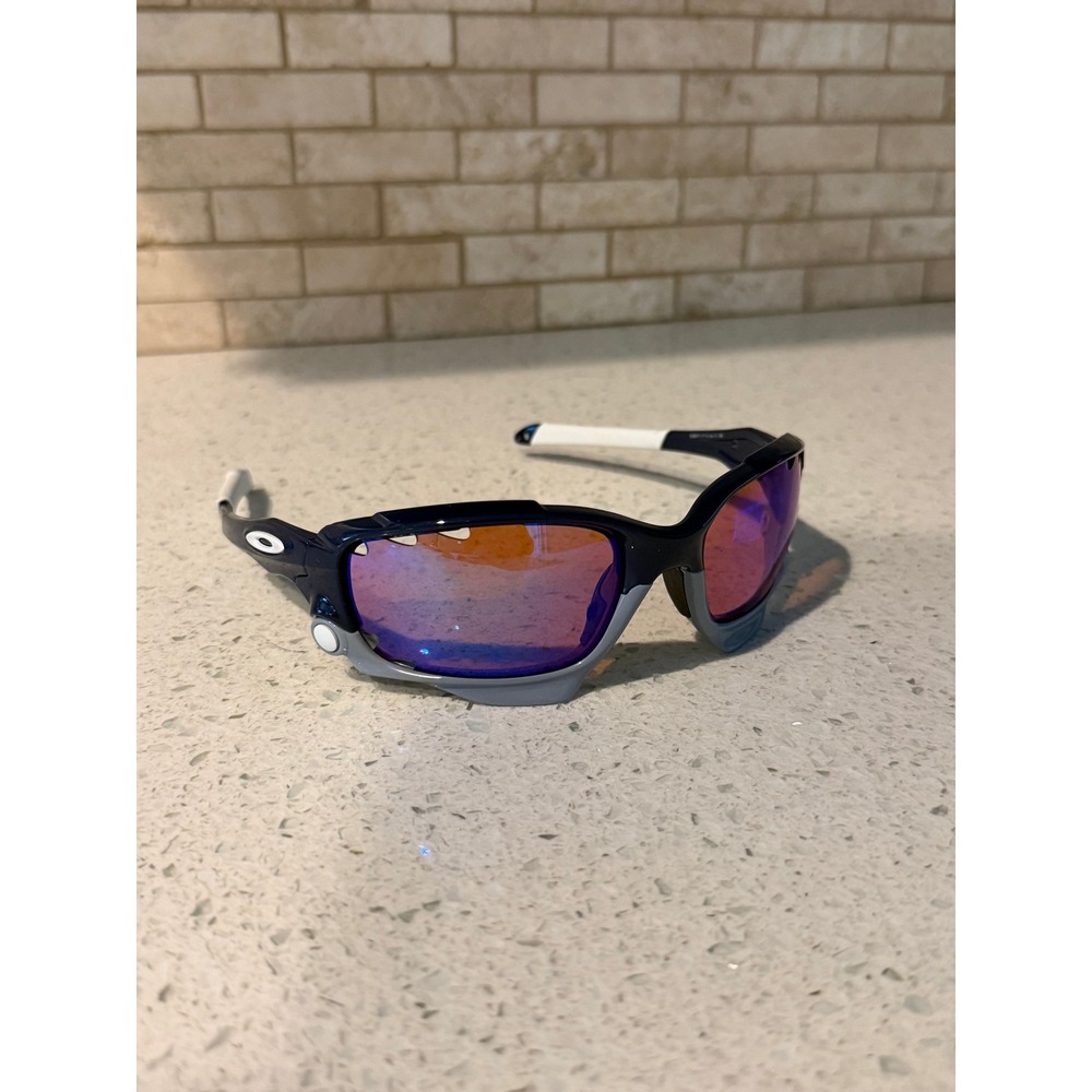 Oakley Racing Jacket Sunglasses Navy Blue Grey Red Iridium Lens Authentic